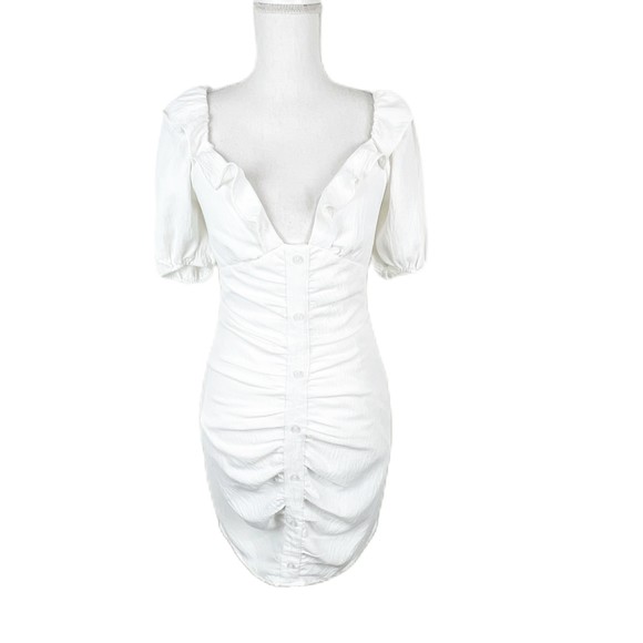 Blue Blush Dress Women Small White Puff Sleeve Ruffled Low V-Neck Mini - Picture 1 of 12